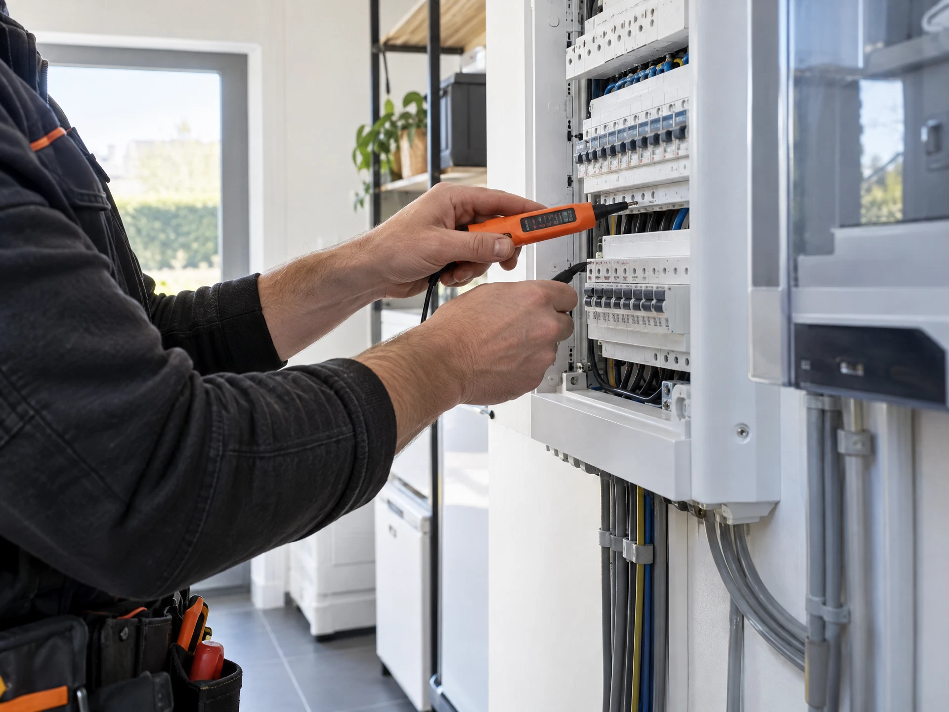 Électricien intervenant sur un tableau électrique résidentiel
